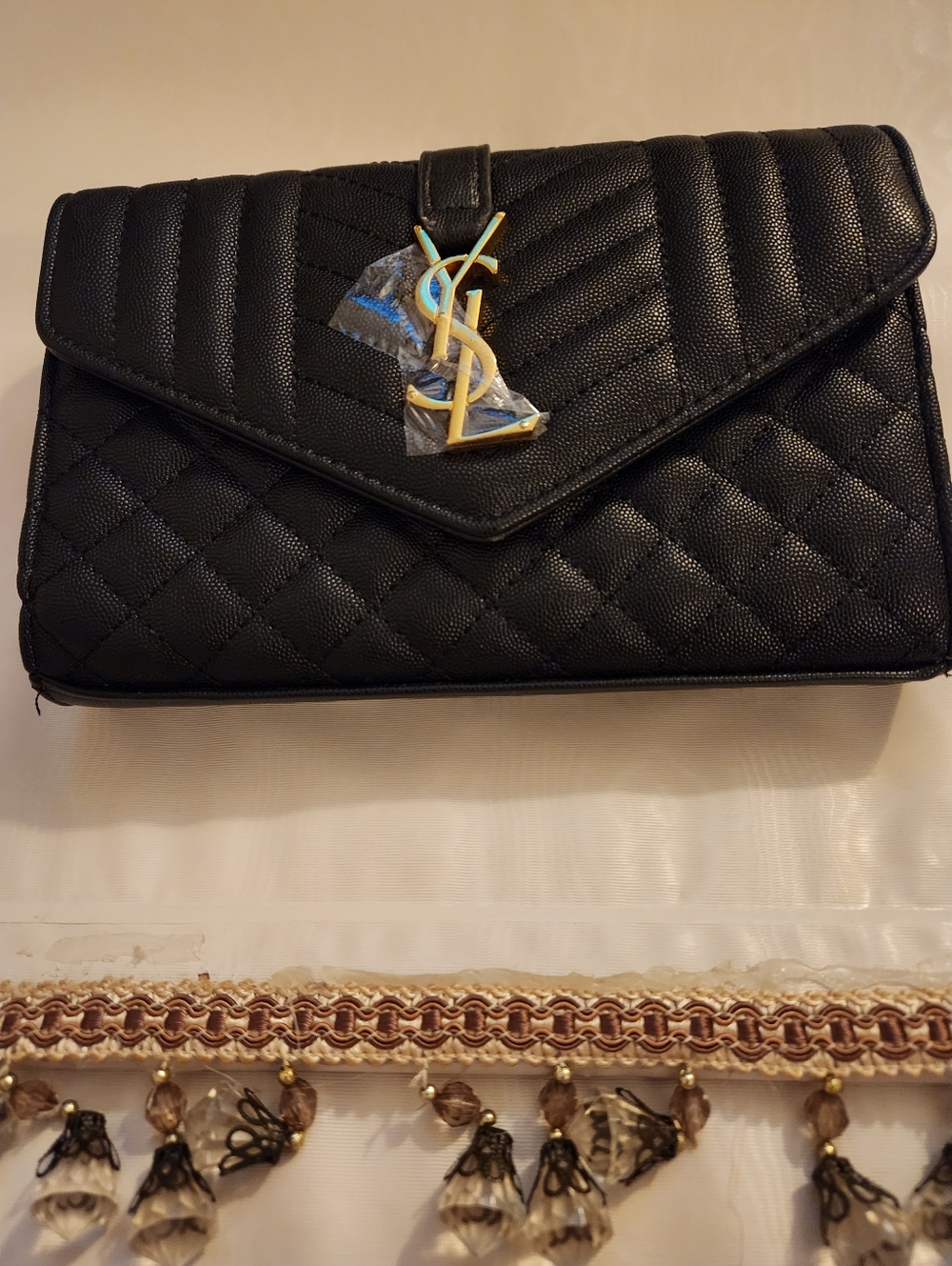 Yves Saint Laurent Black Quilted Envelope Clutch with Gold YSL Emblem